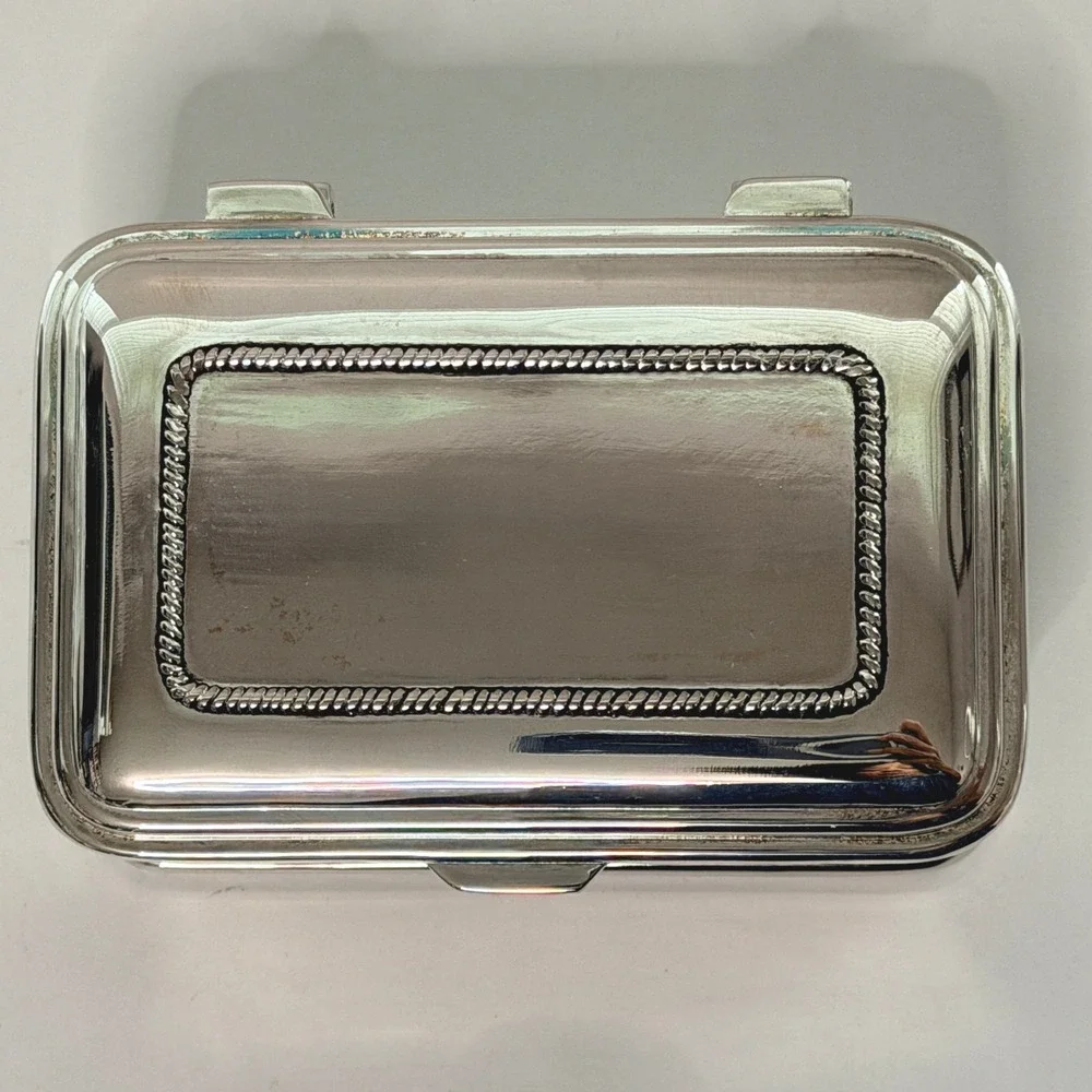 Vintage Silver Plate Trinket Box Blue Velvet Lined Jewelry Keepsake Box